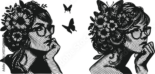  Monochrome lined effect black vector bundle featuring woman with glasses floral hair butterfly looking into the distance elegant detailed portrait nature inspired artistic design