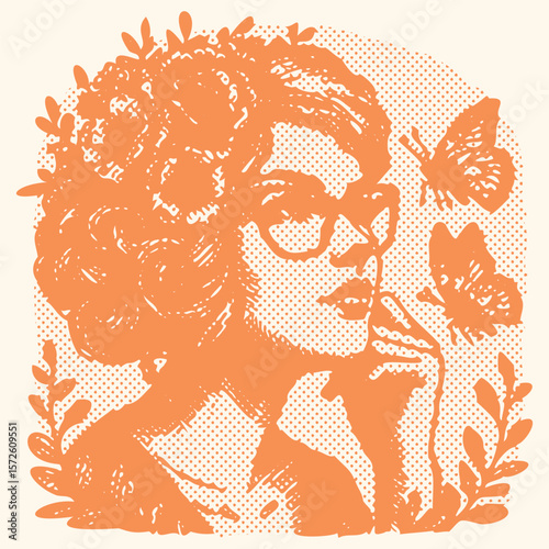  Vibrant color postal stamp halftone vector of pink color woman with glasses floral hair butterfly looking into distance artistic portrait fashion beauty nature design