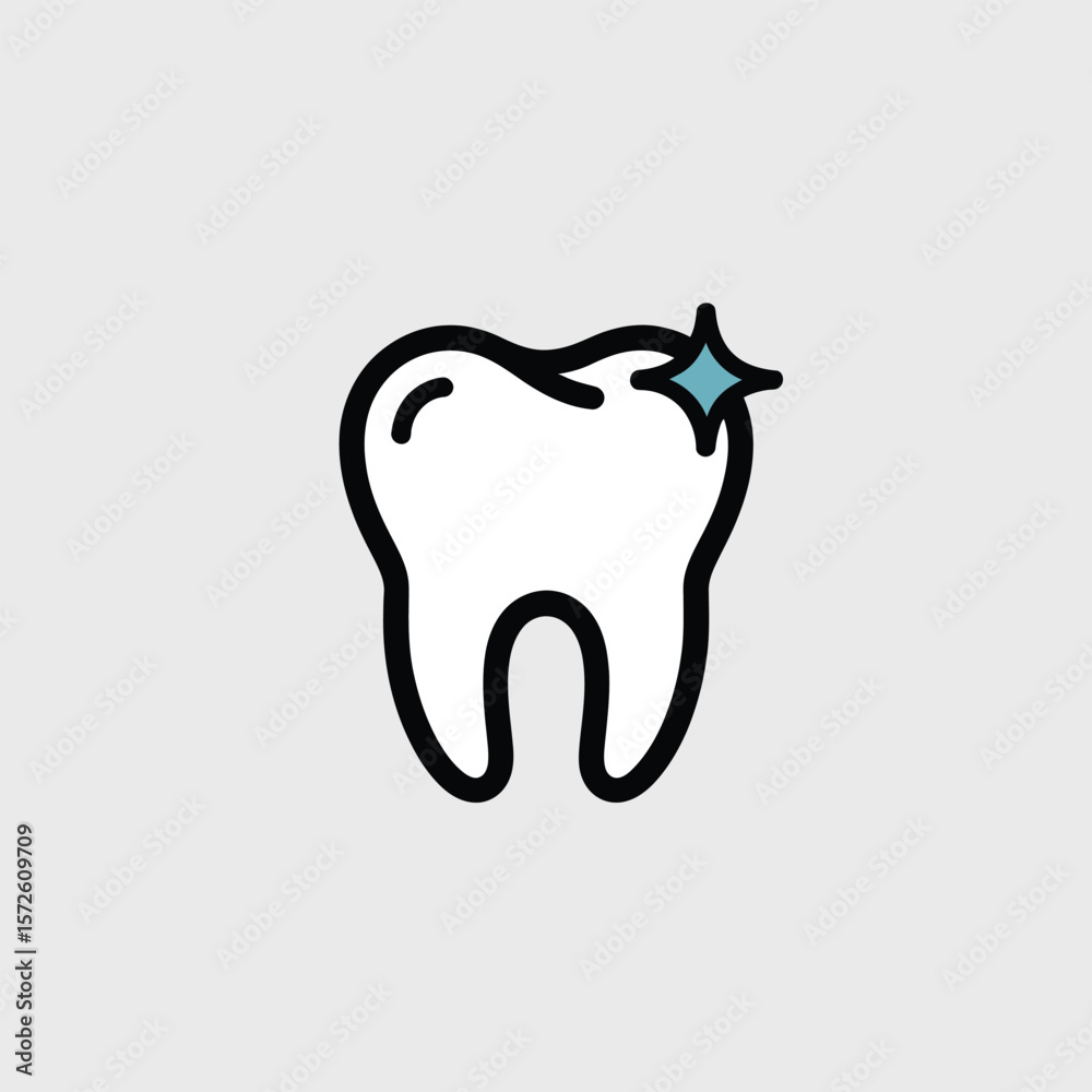 Obraz premium A Minimalist Icon Depicting a Single Clean White Tooth with a Light Blue Sparkle Detail on a Light Gray Background