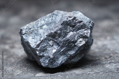 Small zinc ore mineral with metallic luster on grey surface, Rough natural zinc rock used in industrial or geological concepts, Useful for mining and metallurgy ideas