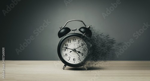A black alarm clock dissolving on wooden table. Concept of effective time management and the importance of moments conveying time running out.