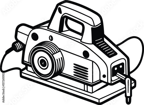 Black Outline of a Corded Power Planer in Action