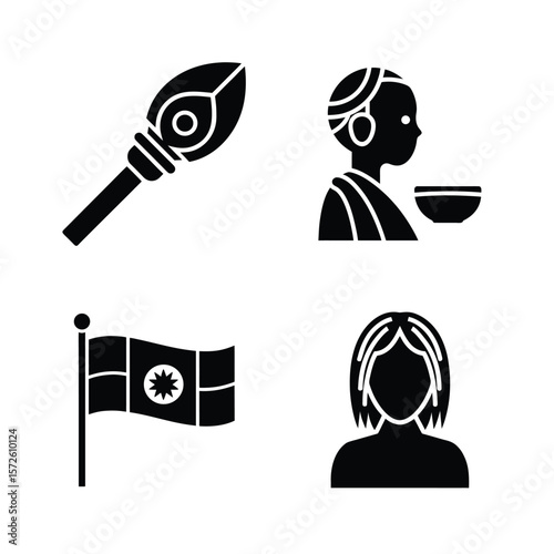 Black silhouette icons of a spear a person with a bowl a flag and a person