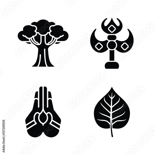 Black icons of tree praying hands axe and leaf symbol
