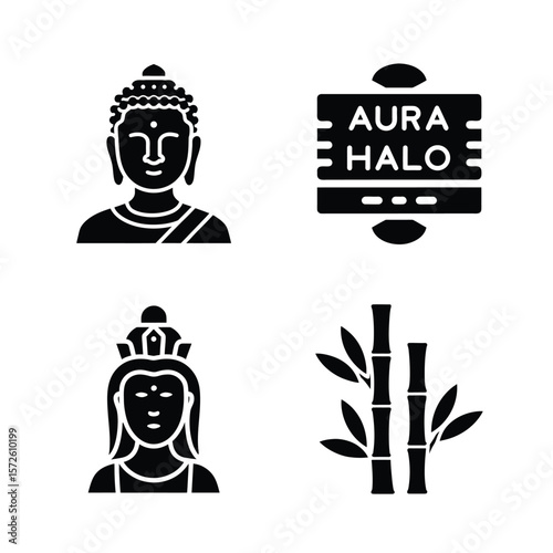 Buddha and Guan Yin icons with bamboo and aura halo text