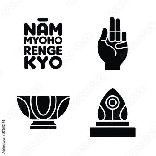 Buddhist symbols Nam Myoho Renge Kyo hand bowl stupa