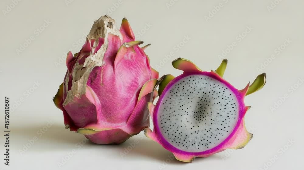 A close-up shot of a dragon fruit cut in half, showcasing its vibrant pink and green interior
