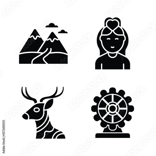 Four black icons mountains deer woman and wheel clouds