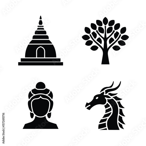Four black icons stupa tree Buddha and dragon pagoda