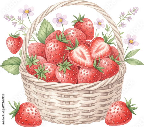 Basket of Fresh Strawberries with Wildflowers and Leaves