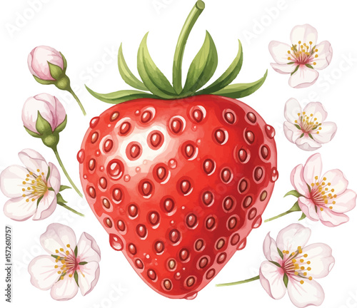 Single Ripe Strawberry with Delicate Blossom Flowers