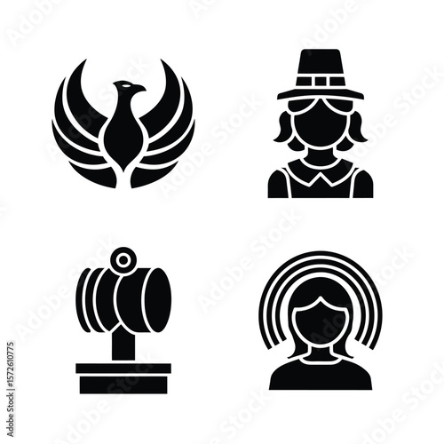 Four black silhouette icons including a phoenix a pilgrim woman a speaker and a person with
