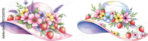 Two Elegant Summer Hats Decorated with Flowers and Strawberries