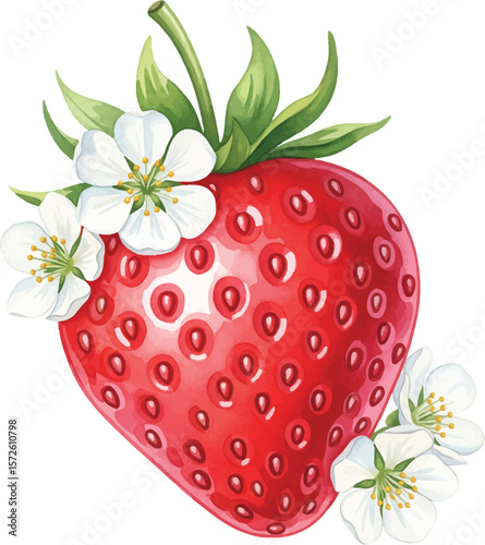Fresh Red Strawberry Adorned with White Blossom Flowers