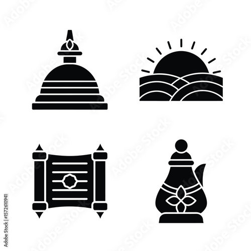 Four black silhouette icons stupa sun over hills scroll and teapot