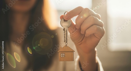 Elegant Hand Holding House-Shaped Keychain Against Warm Inviting Background with Soft Lighting