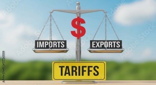 Stylized Balance Scale Displaying Imports and Exports with Economic Themes and Tariffs