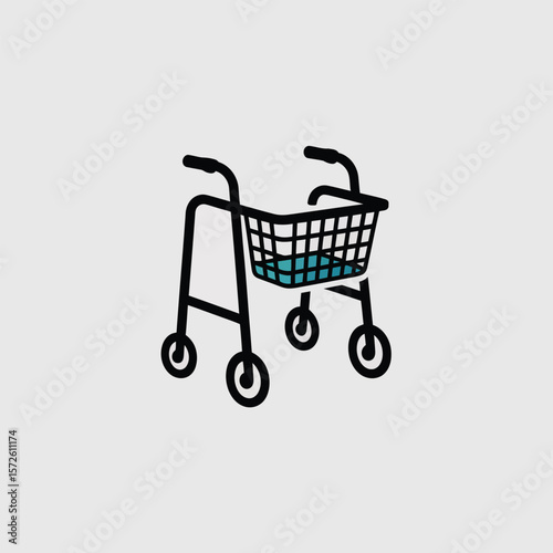 Minimalist Black and Teal Rolling Walker Icon Illustration Four Wheels Shopping Basket Medical Aid Elderly Assistance Mobility Device Simple Line Art Graphic Design Element