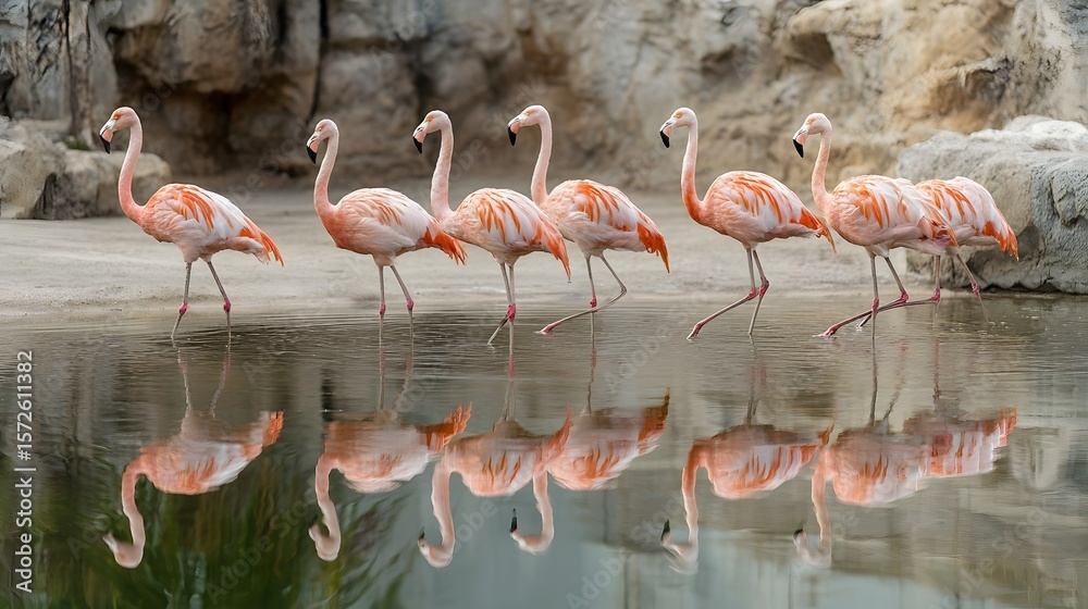 Obraz premium A group of six flamingos walking gracefully along the water's edge, reflecting in the calm pond