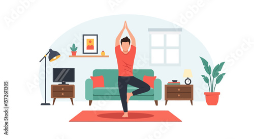 Adobe illustrator artwork vector illustration of a man peacefully meditating in a park, practicing yoga in the lotus position under a bright sky. Promotes mindfulness and outdoor wellness.