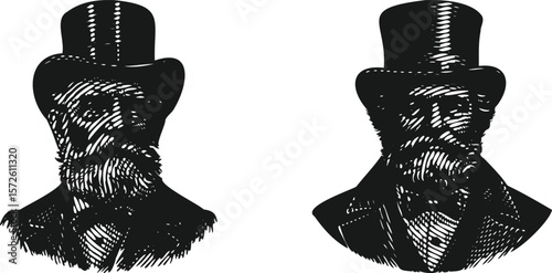  Monochrome black lined vector bundle of an old gentleman wearing a classic top hat, vintage style portrait drawing with hand drawn texture, retro design illustration for posters and prints
