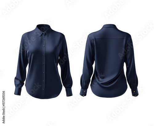 Navy blue button-down blouse, front and back views