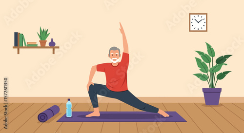 Adobe illustrator artwork vector illustration of a senior man practicing yoga at home in a lunge pose, promoting an active and healthy lifestyle for older adults