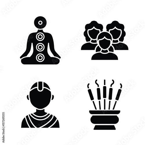 Yoga meditation group incense and person icon set people