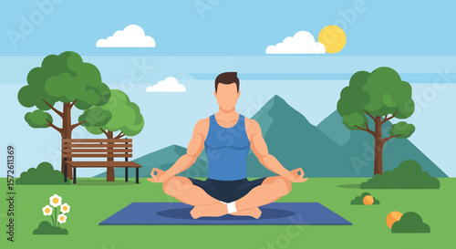 Adobe illustrator artwork vector illustration of a man peacefully meditating in lotus pose on a yoga mat in a park with mountains and blue sky. Promotes outdoor wellness and tranquility