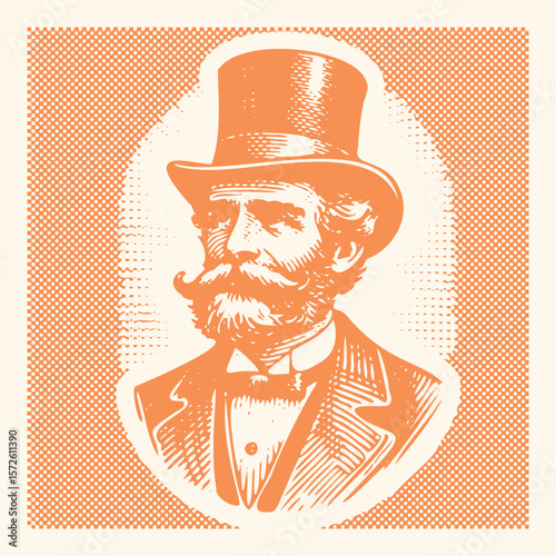  Vibrant Pink Halftone Vector of an Old Gentleman with Top Hat – Retro Postal Stamp Style, Vintage Lined Portrait Illustration, Colorful Pop Art Poster Design for Collectible Themes