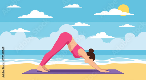 Adobe illustrator artwork vector illustration of a woman meditating in lotus pose on a yoga mat at a serene summer beach with ocean waves and a bright sun. Ideal for coastal wellness themes.