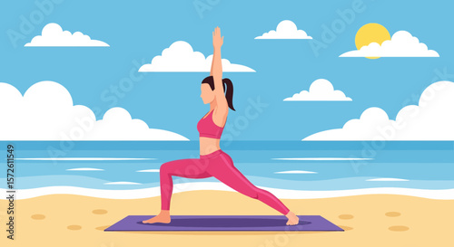 Adobe illustrator artwork vector illustration of a woman meditating in lotus pose on a yoga mat at a serene summer beach with ocean waves and a bright sun. Ideal for coastal wellness themes.