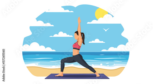 Adobe illustrator artwork vector illustration of a woman meditating in lotus pose on a yoga mat at a serene summer beach with ocean waves and a bright sun. Ideal for coastal wellness themes.