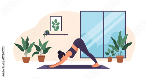 Adobe illustrator artwork vector illustration of a woman gracefully practicing yoga at home in a tree pose, surrounded by plants and a large window. Ideal for wellness and home fitness.