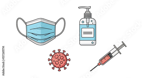 COVID-19 Health Icons: Face Mask, Hand Sanitizer, Virus, Syringe