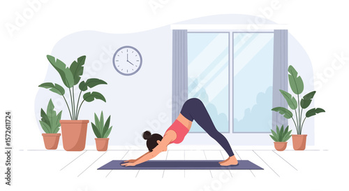 Adobe illustrator artwork vector illustration of a woman gracefully practicing yoga at home in a tree pose, surrounded by plants and a large window. Ideal for wellness and home fitness.