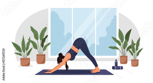 Adobe illustrator artwork vector illustration of a woman gracefully practicing yoga at home in a tree pose, surrounded by plants and a large window. Ideal for wellness and home fitness.