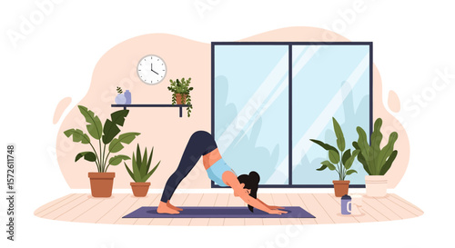 Adobe illustrator artwork vector illustration of a woman gracefully practicing yoga at home in a tree pose, surrounded by plants and a large window. Ideal for wellness and home fitness.