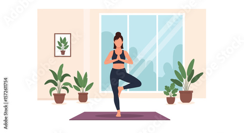 Adobe illustrator artwork vector illustration of a woman gracefully practicing yoga at home in a tree pose, surrounded by plants and a large window. Ideal for wellness and home fitness.