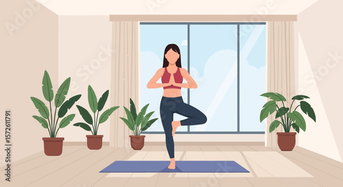 Adobe illustrator artwork vector illustration of a woman gracefully practicing yoga at home in a tree pose, surrounded by plants and a large window. Ideal for wellness and home fitness.