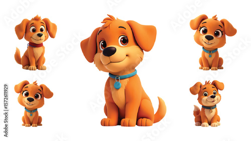 Vector Set of Cute Cartoon Dog Character in Multiple Poses – Sitting, Standing, and Looking Up Expressions on White Background