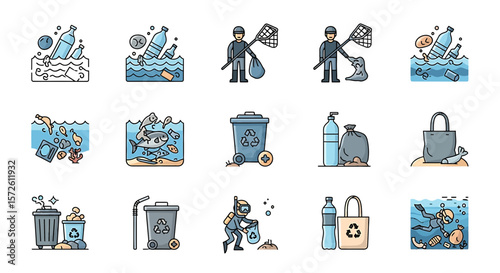 Marine Pollution and Cleanup Icons Set: Plastic, Garbage, Ocean, Diver