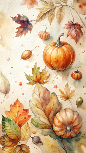 Watercolor Autumn Elements – Fall Leaves & Pumpkins (Vertical)