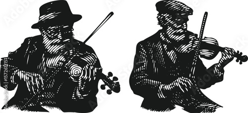  Monochrome lined black vector of an old musician playing a violin, vintage hand drawn engraving style, retro string instrument artist artwork for classical music themed design bundle