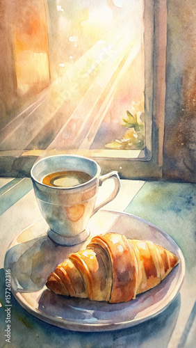 Watercolor Coffee & Croissant – Cozy Morning Lifestyle Illustration