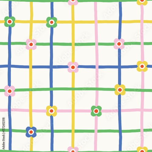 Playful Hand-drawn Checkered Lines Pattern with cute Colorful Flowers. Seamless Floral Texture with Imperfect Stripes 