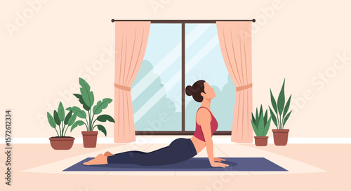 Adobe illustrator artwork vector illustration of a woman gracefully practicing yoga at home in a tree pose, surrounded by plants and a large window. Ideal for wellness and home fitness.