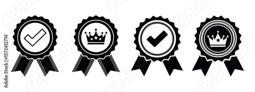 award badge icon set vector with checkmark and crown for achievement, winner, and recognition
