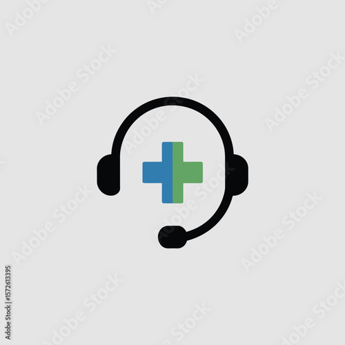 Minimalist Icon Blue Green Medical Cross Inside Black Headset Support Symbol healthcare helpline