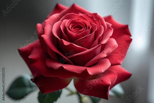 A clear, detailed close-up of a blooming red rose, taken with soft natural light and a bold angle that highlights the delicate petals and rich colors with sharp focus and depth.